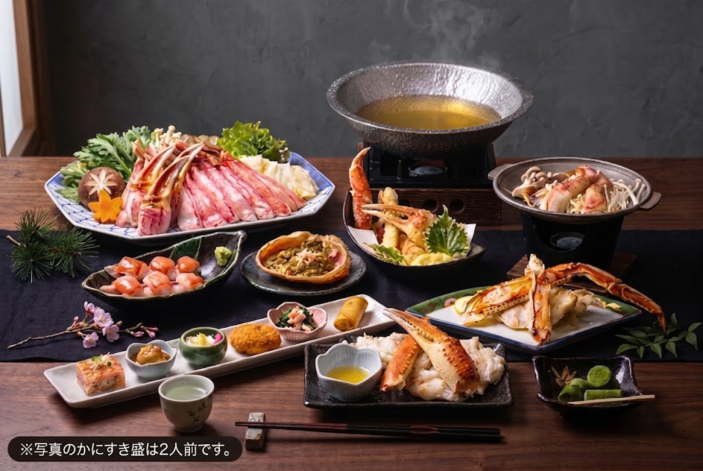 かに満のかにすきコース一式（かにすき盛・焼きがに・天麩羅・前菜）